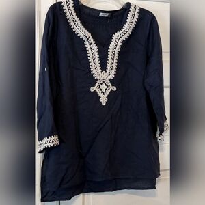 Symple NYC Tunic L Embroidered 100% Linen Navy Blue Boho Coastal